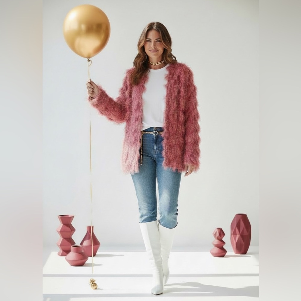 Colleen Lopez Vibrant Pinkish- coral color Fuzzy Cardigan